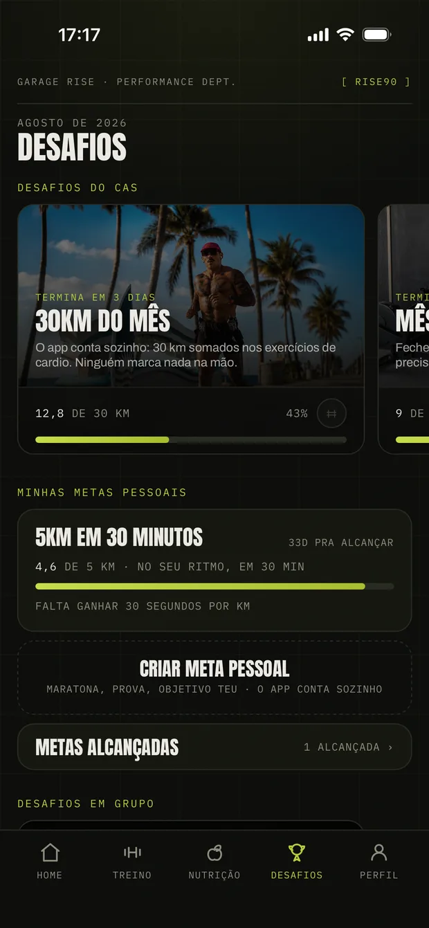 Desafios do mês com progresso e ranking da turma