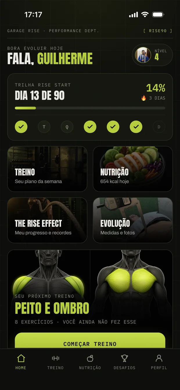 Tela inicial do app com o treino do dia